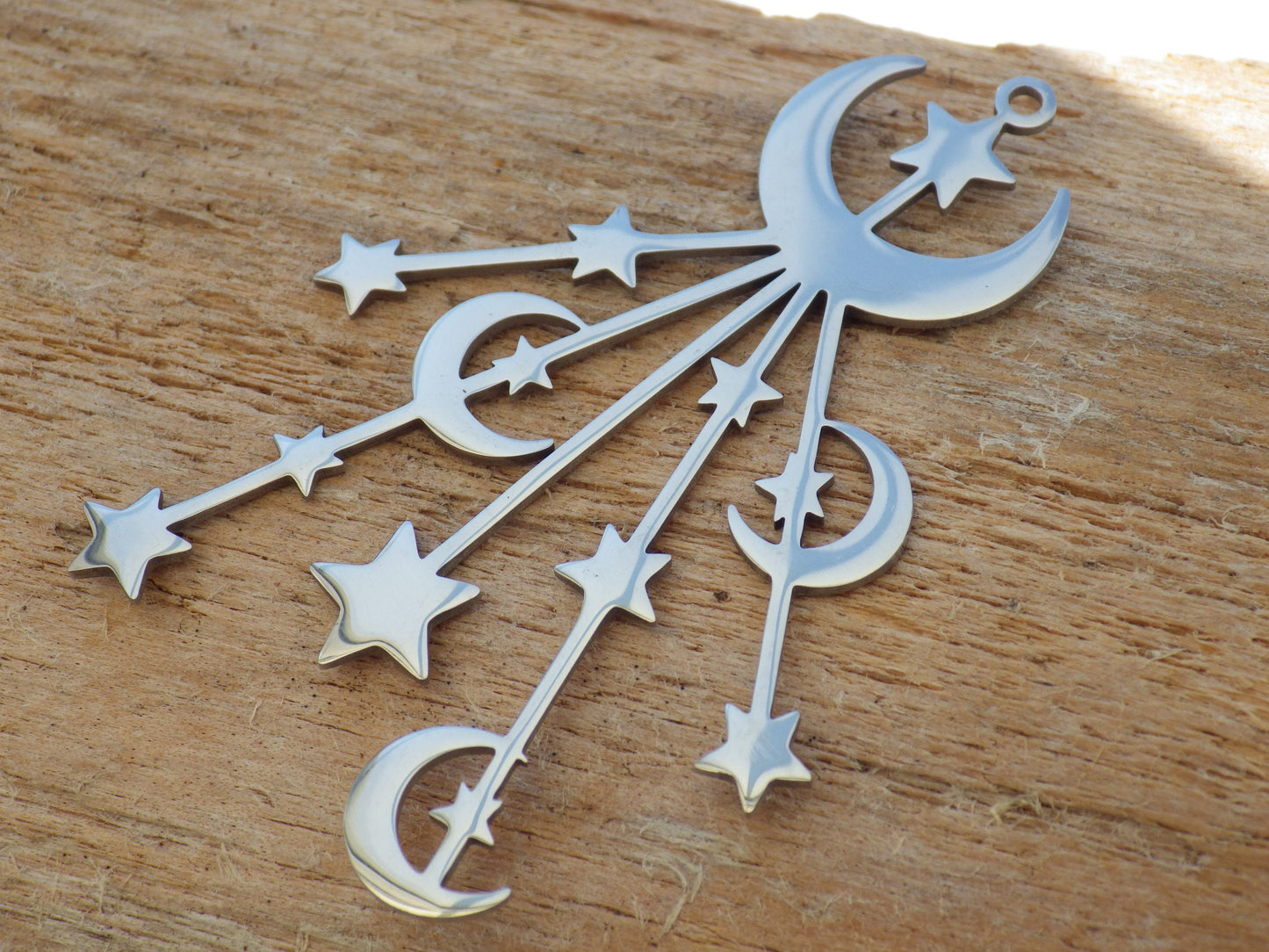 Crescent Moon & Stars Pendant, 53x36mm, Silver Stainless Steel Celestial Pagan Charm, Necklace Pendant, Jewelry Making, Craft Supplies, UK