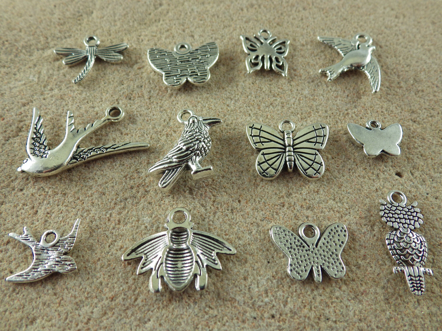 12 x Bird, Butterfly & Insect Charms Pendants, Silver Swallow Owl Crow Raven Bee Dragonfly Nature Charms, Jewellery Making Supplies UK