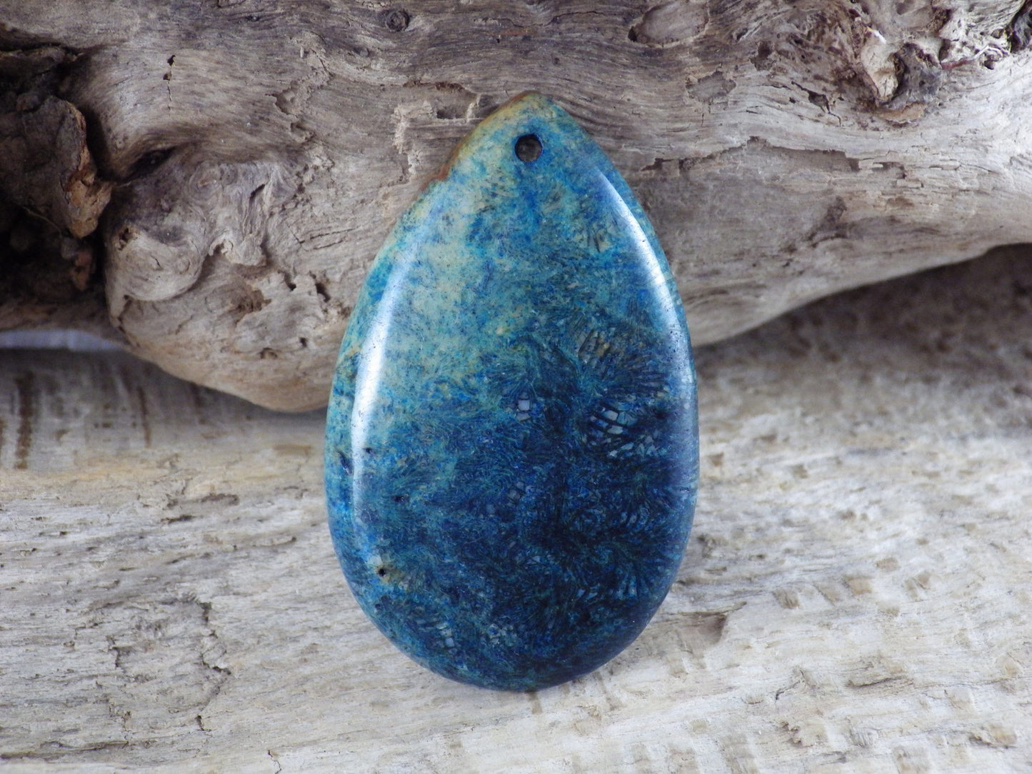 Blue Fossil Coral Jasper Teardrop Pendant, Semi Precious Gemstone 48x31mm H7