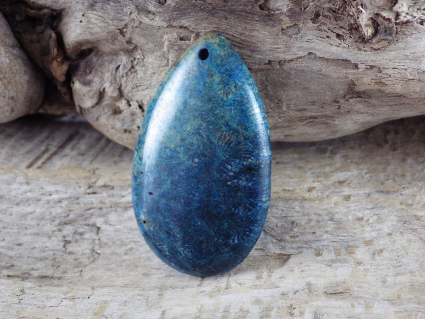 Blue Fossil Coral Jasper Teardrop Pendant, Semi Precious Gemstone 48x31mm H7