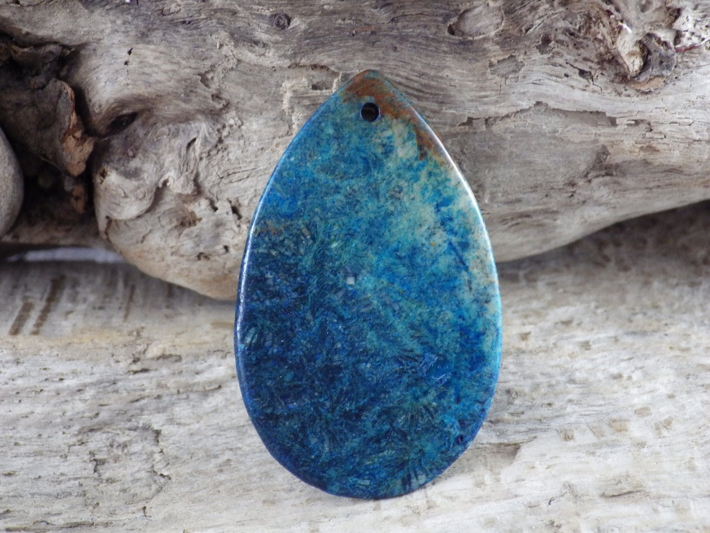 Blue Fossil Coral Jasper Teardrop Pendant, Semi Precious Gemstone 48x31mm H7