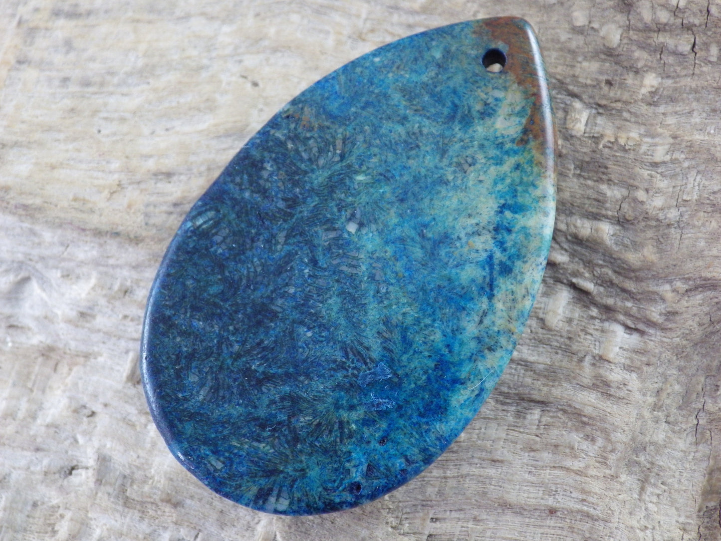 Blue Fossil Coral Jasper Teardrop Pendant, Semi Precious Gemstone 48x31mm H7