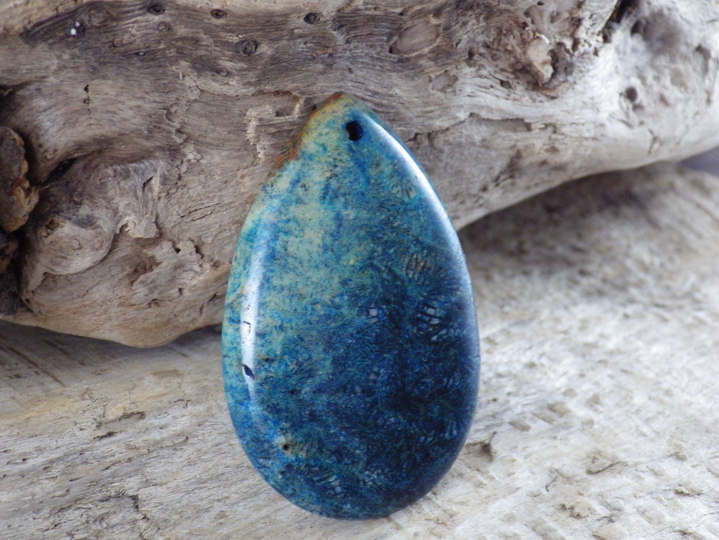 Blue Fossil Coral Jasper Teardrop Pendant, Semi Precious Gemstone 48x31mm H7