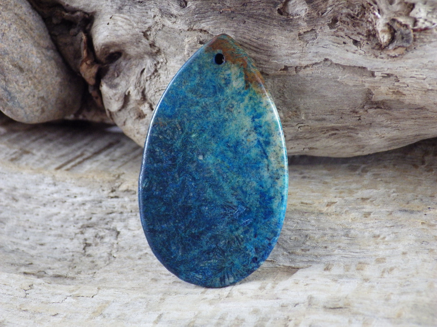 Blue Fossil Coral Jasper Teardrop Pendant, Semi Precious Gemstone 48x31mm H7
