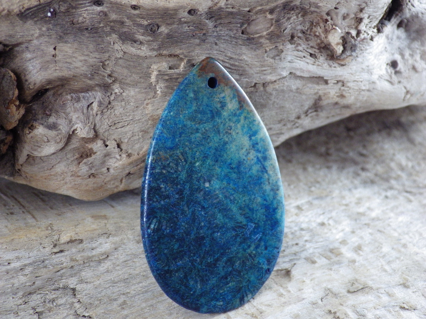 Blue Fossil Coral Jasper Teardrop Pendant, Semi Precious Gemstone 48x31mm H7