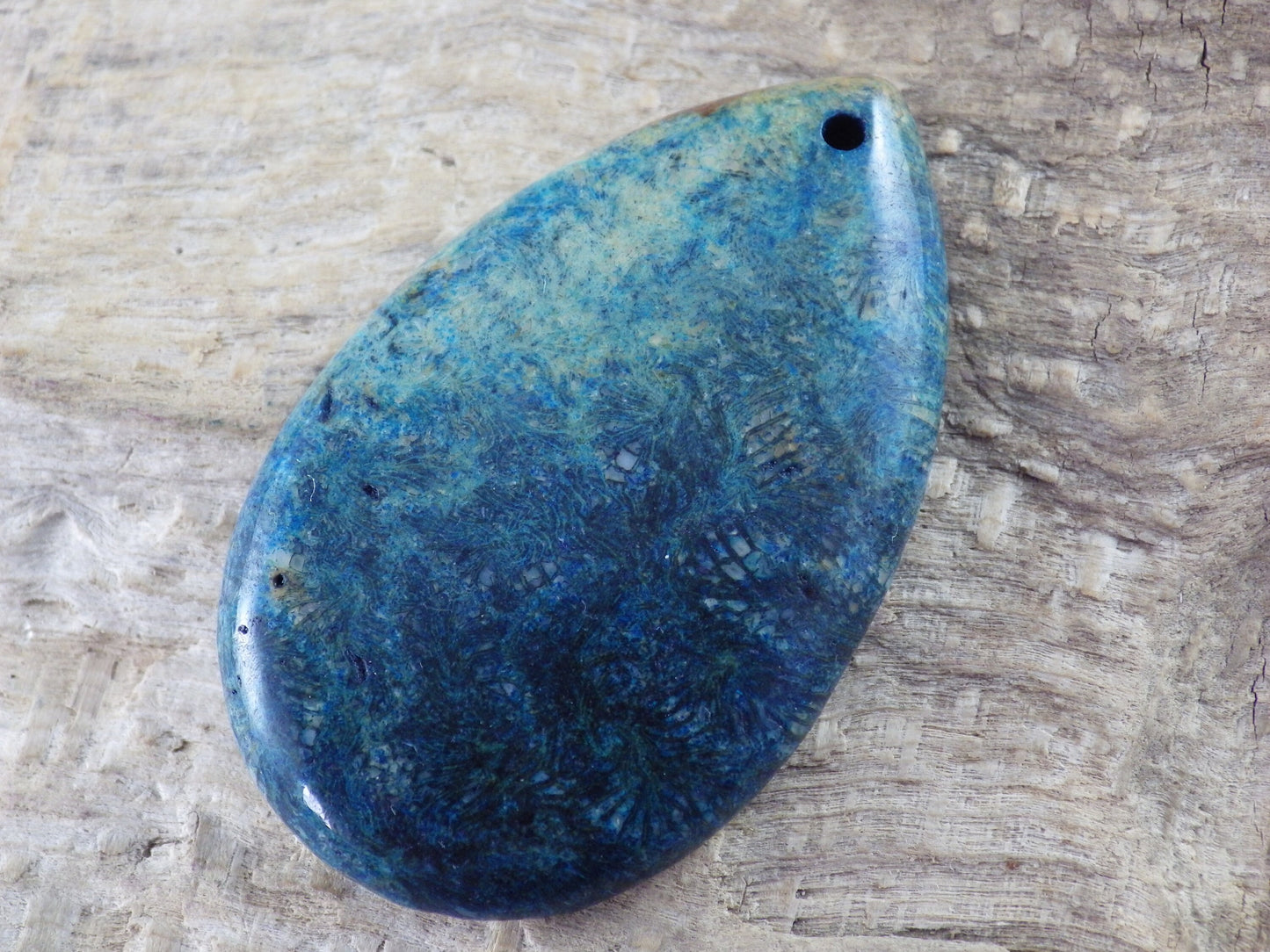Blue Fossil Coral Jasper Teardrop Pendant, Semi Precious Gemstone 48x31mm H7
