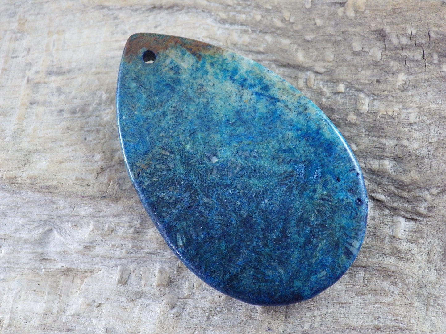 Blue Fossil Coral Jasper Teardrop Pendant, Semi Precious Gemstone 48x31mm H7