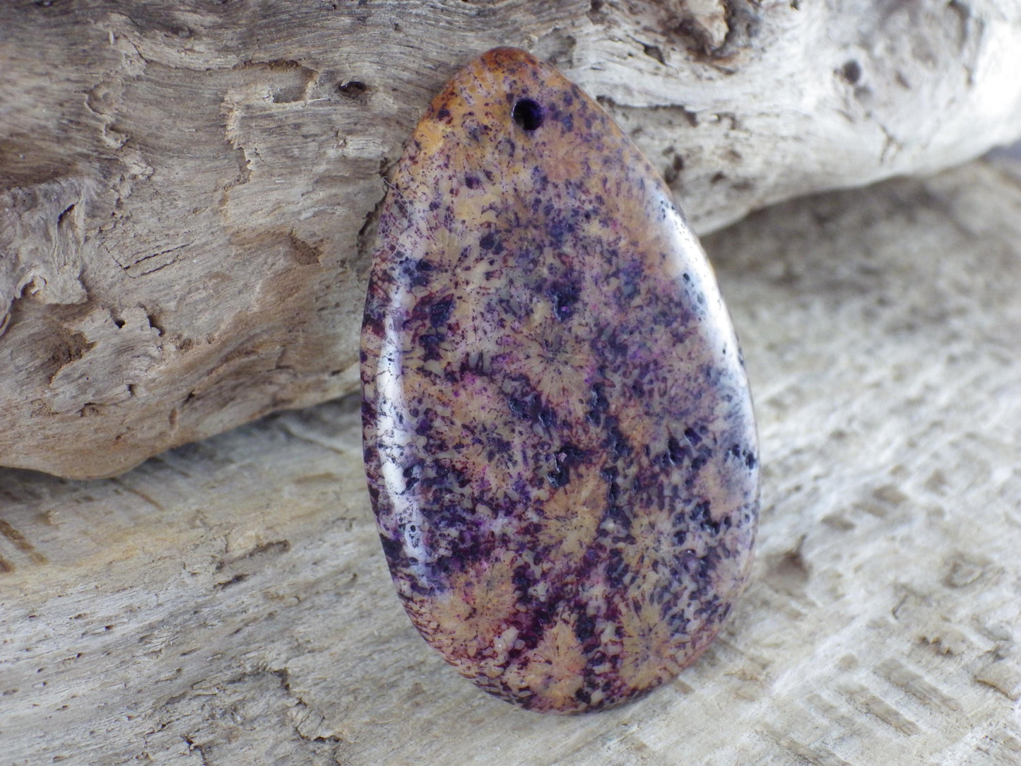 Large Purple Fossil Coral Jasper Pendant 48x31mm, Semi Precious Gemstone, Loose Stone Teardrop Cabochon, Jewellery Making Supplies UK A9
