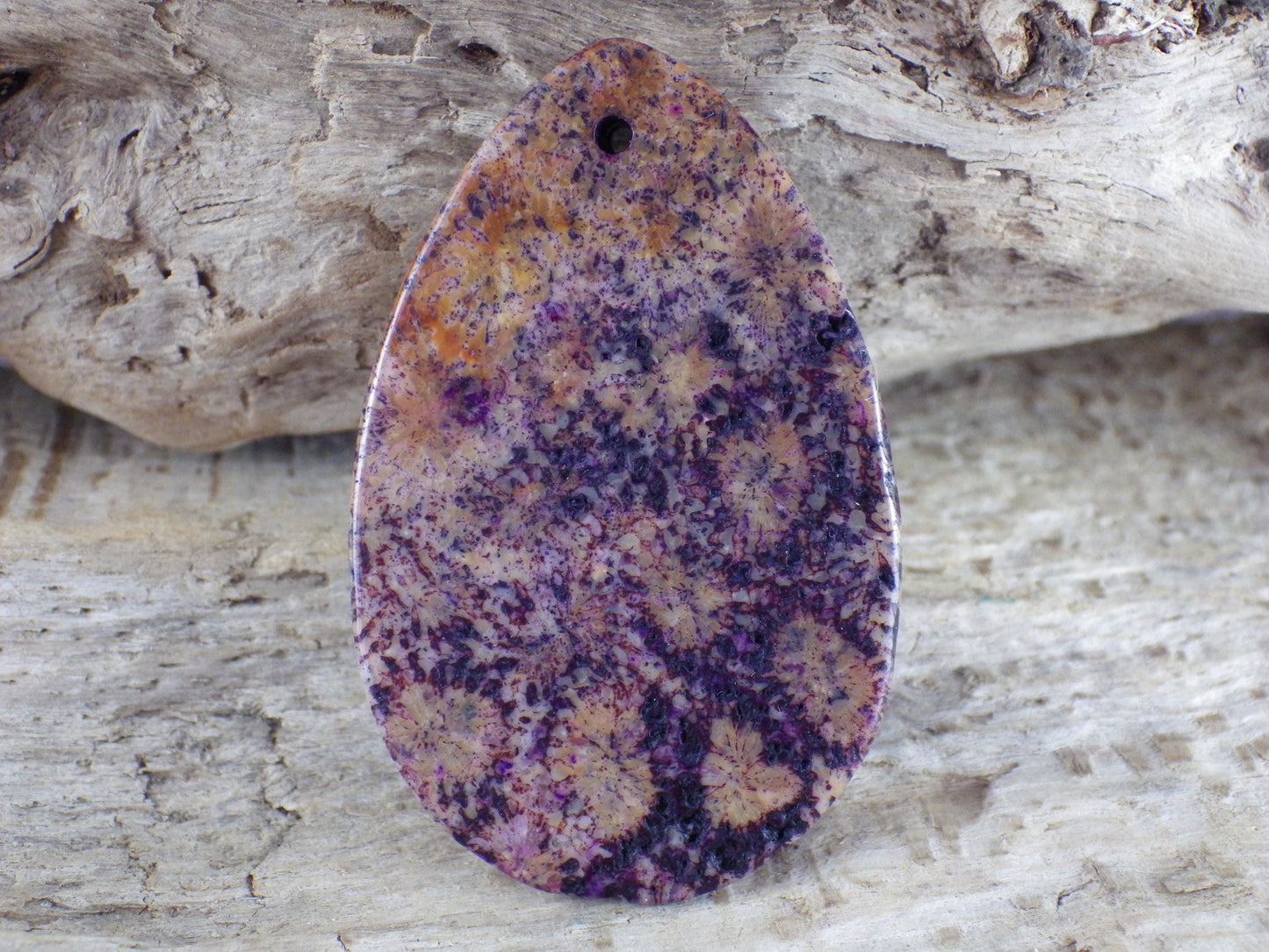 Large Purple Fossil Coral Jasper Pendant 48x31mm, Semi Precious Gemstone, Loose Stone Teardrop Cabochon, Jewellery Making Supplies UK A9