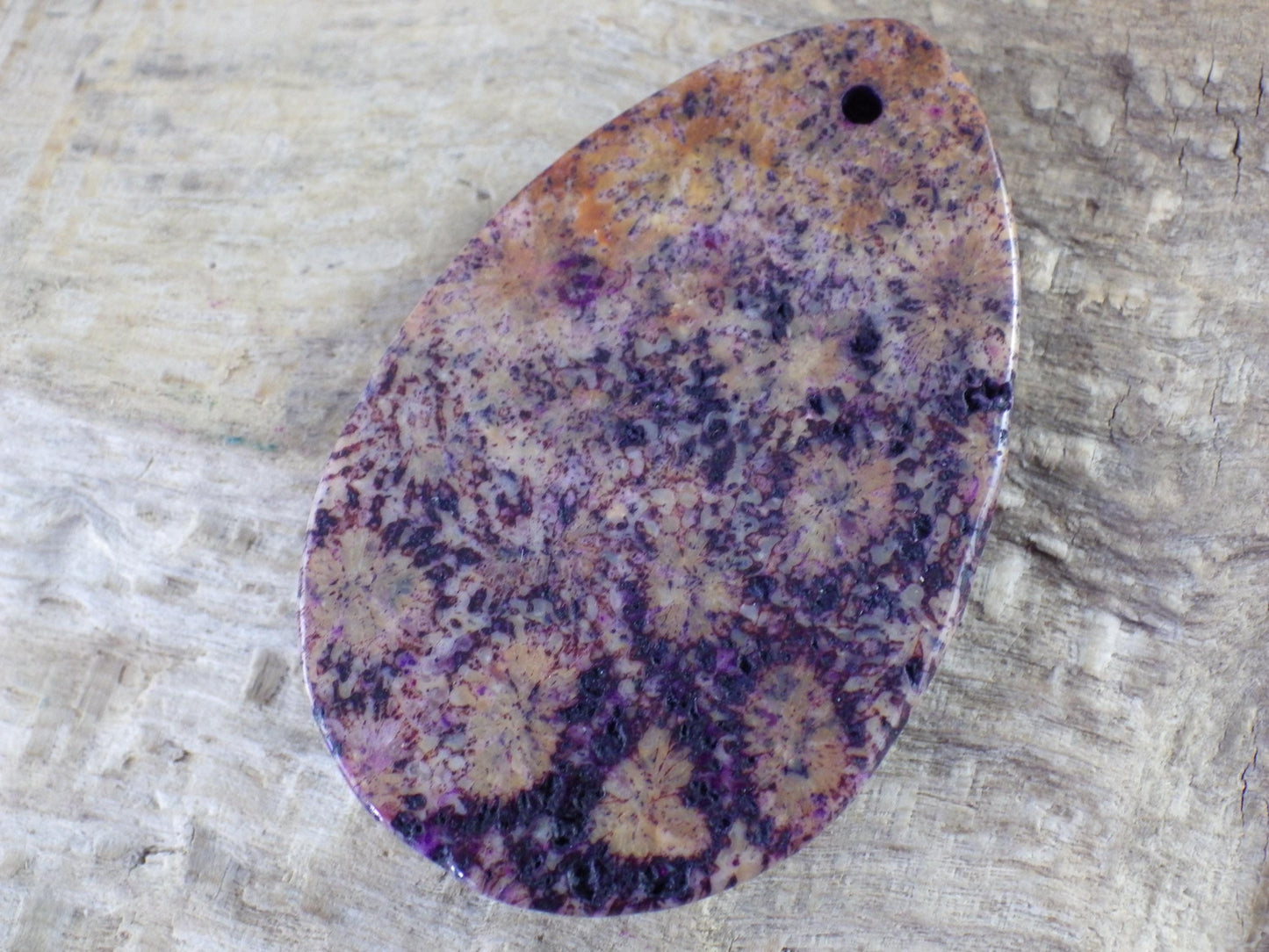 Large Purple Fossil Coral Jasper Pendant 48x31mm, Semi Precious Gemstone, Loose Stone Teardrop Cabochon, Jewellery Making Supplies UK A9