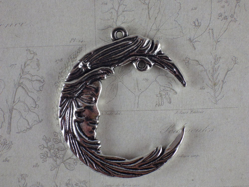 Crescent Moon Goddess Silver Pendant 35x30mm, Celestial Wiccan Pagan Silver Charm, Jewelry Making Supplies, UK Seller