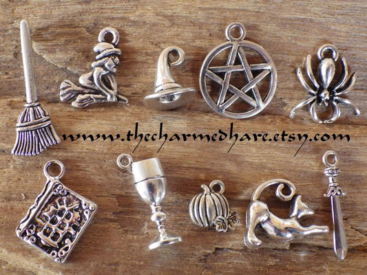 10 x Mixed Witch Charms Pendants, Silver Wiccan Pagan Charms Set, Pentagram, Broomstick, Chalice Athame, Witch's Cat, Book Of Shadows, UK