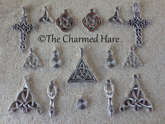 16 x Silver Celtic Charms Pendants, Triquetra Triskele Trinity Knot, Celtic Cross Spiral Of Life Celtic Goddess, Wiccan Pagan Craft Supplies