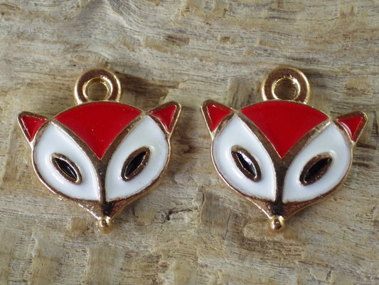 2 x Dainty Little Red Fox Enamel Charms, 13x13mm Cute Fox Head Pendants, Wiccan Pagan Earring Charms, Jewelry Making Supplies, UK Seller