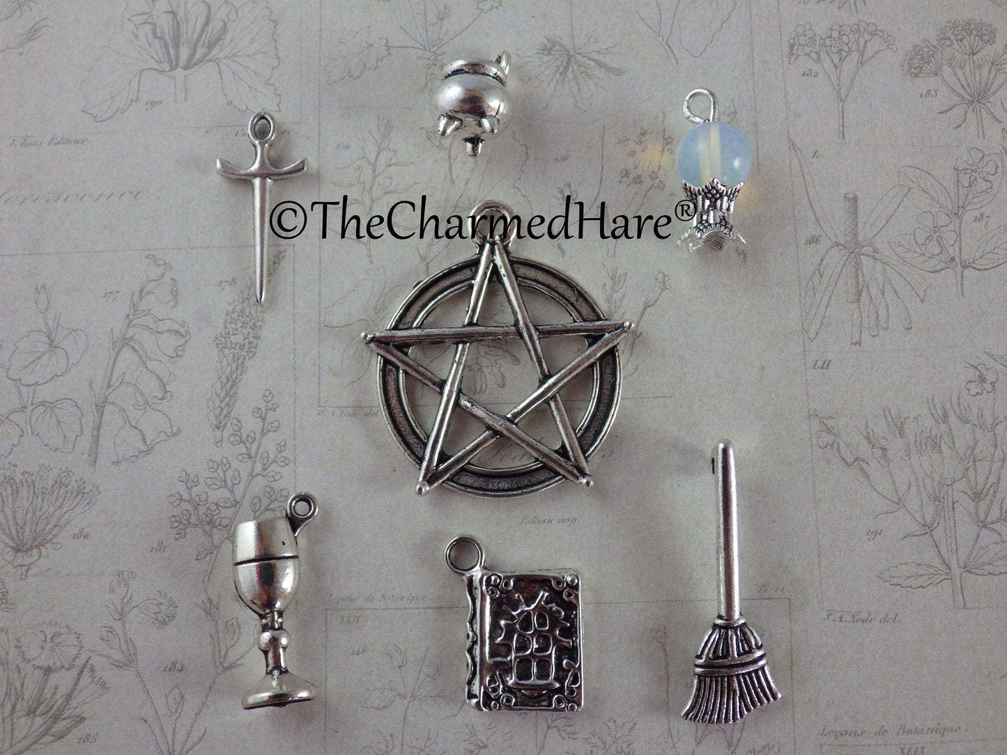 7 x Wiccan Altar Tools Charms Pendants, Mixed Pagan Witch's Charms Set, Cauldron, Crystal Ball, Silver Bracelet Charms, Jewelry Making, UK