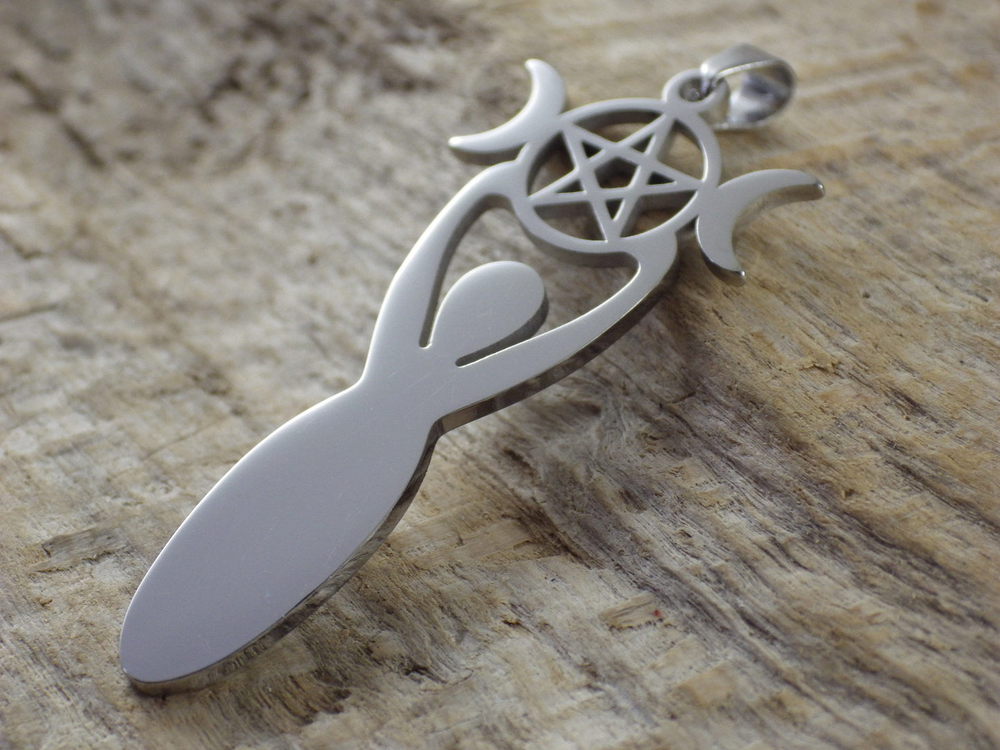 Pagan Triple Moon Goddess Pendant, 45x20mm, Silver Wiccan Goddess & Pentagram Charm, Jewellery Making Supplies, UK Seller