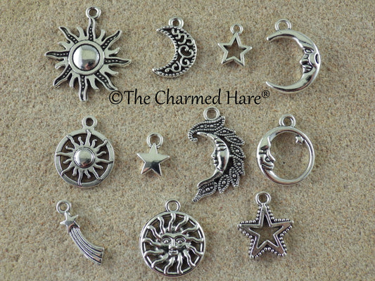 11 x Silver Crescent Moon Sun Star Bracelet Charms, Celestial Charms Pendants, Mixed Pagan Wiccan Earring Charms, UK Jewelry Making Supplies