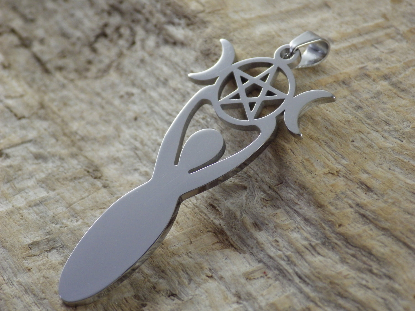 Pagan Triple Moon Goddess Pendant, 45x20mm, Silver Wiccan Goddess & Pentagram Charm, Jewellery Making Supplies, UK Seller
