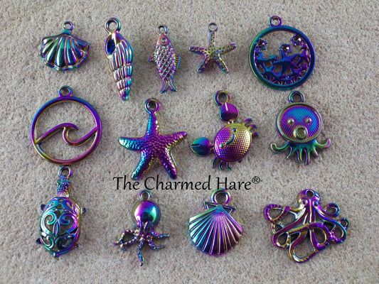 13 x Starfish Sea Shell Turtle Octopus Crab Charms Pendants, Rainbow Titanium Mixed Bracelet Charms, Necklace Pendants, Ocean Beach Nautical