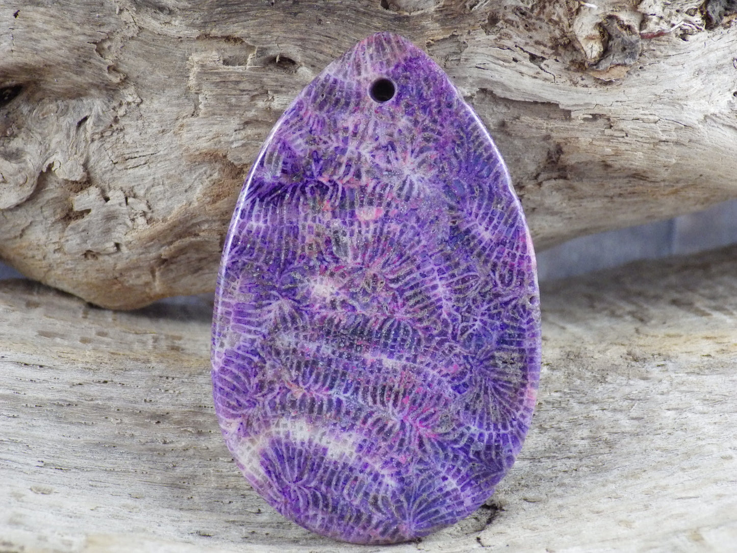 Purple Fossil Coral Jasper Teardrop Pendant, 49x31mm, Semi Precious Gemstone, Flat Backed Cabochon, Top Drilled Stone, Jewelry Making, L4