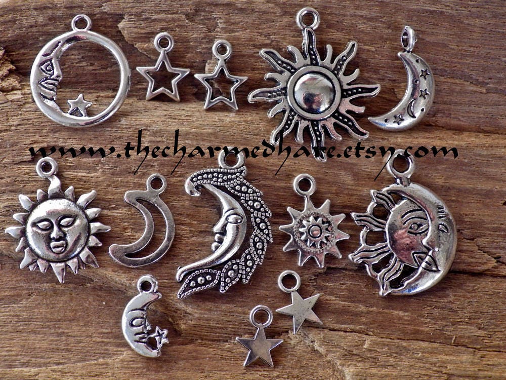 13 x Silver Sun Moon Stars Charms Pendants, Mixed Celestial Bracelet Charms Set, Pagan Wicca Wiccan Witchy Jewellery Making Supplies UK Shop