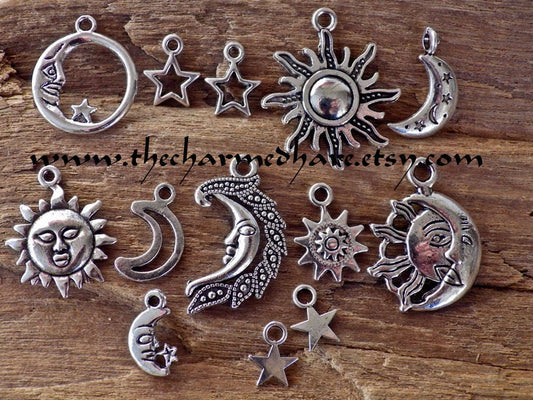 13 x Silver Sun Moon Stars Charms Pendants, Mixed Celestial Bracelet Charms Set, Pagan Wicca Wiccan Witchy Jewellery Making Supplies UK Shop