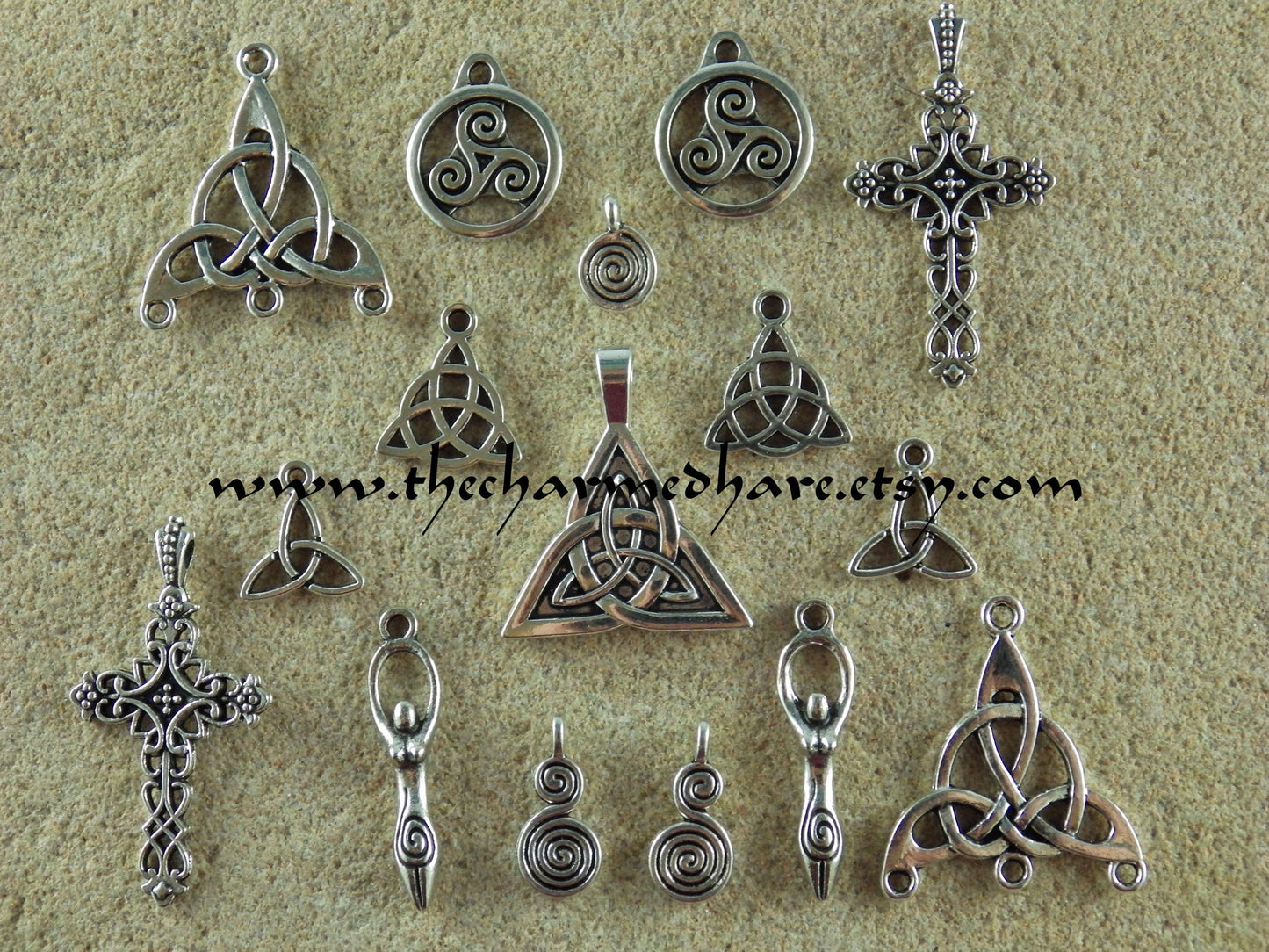 16 x Mixed Triquetra Triskele Trinity Knot, Celtic Cross, Spiral Of Life, Celtic Goddess, Mixed Silver Celtic Charms, BULK Celtic Pendants