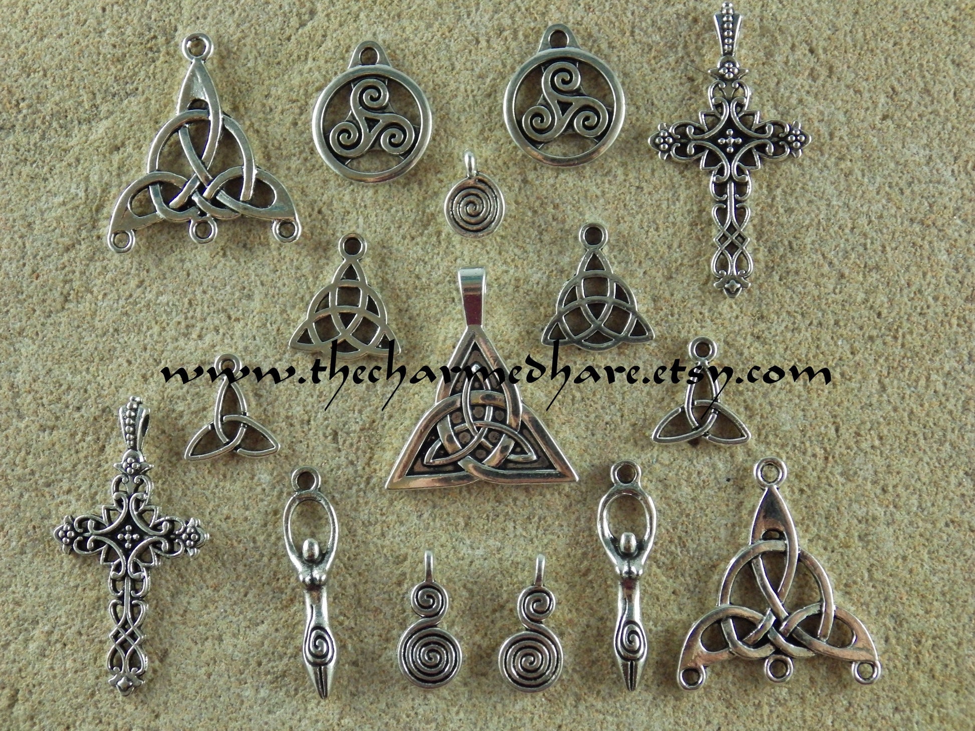16 x Mixed Triquetra Triskele Trinity Knot, Celtic Cross, Spiral Of Life, Celtic Goddess, Mixed Silver Celtic Charms, BULK Celtic Pendants