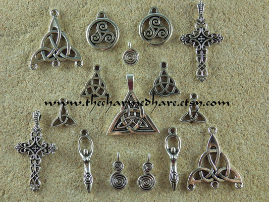 16 x Mixed Triquetra Triskele Trinity Knot, Celtic Cross, Spiral Of Life, Celtic Goddess, Mixed Silver Celtic Charms, BULK Celtic Pendants