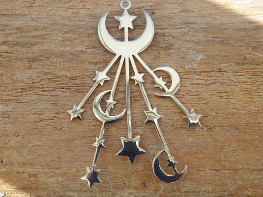 Crescent Moon & Stars Pendant, 53x36mm, Silver Stainless Steel Celestial Pagan Charm, Necklace Pendant, Jewelry Making, Craft Supplies, UK