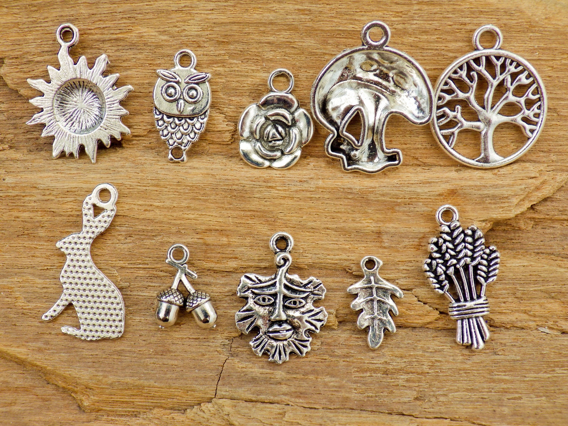 10x Nature Pagan Wiccan Charms Pendants, Silver Earring Bracelet Charms, Woodland Forest Green Man Hare, Jewellery Making Supplies UK