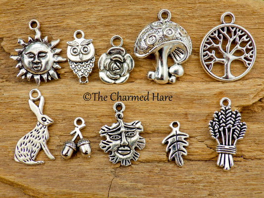 10x Nature Pagan Wiccan Charms Pendants, Silver Earring Bracelet Charms, Woodland Forest Green Man Hare, Jewellery Making Supplies UK