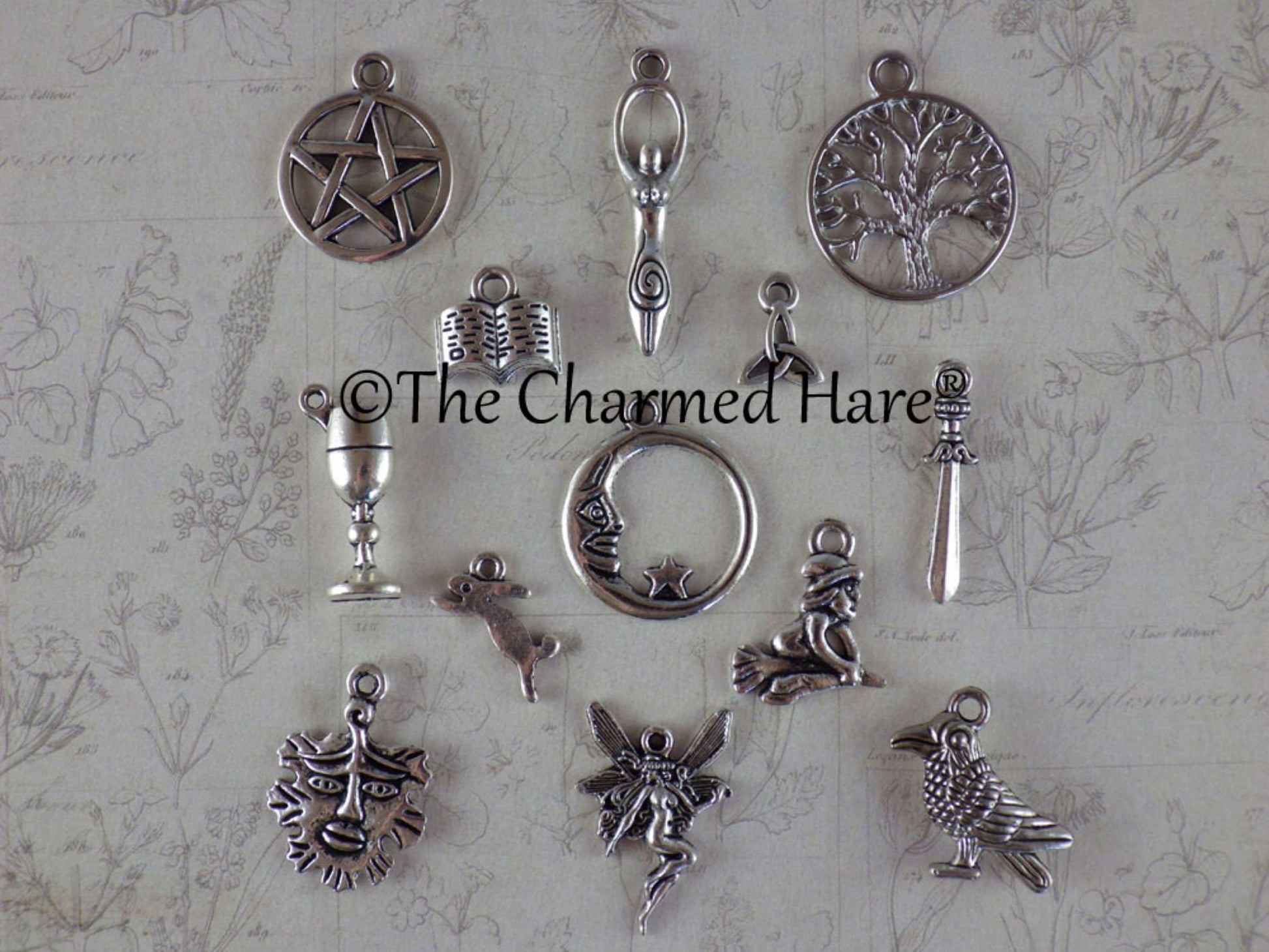 13 x Pagan Wiccan Charms Pendants, Witchy Bracelet Charms, Jewelry Making, Craft Supplies UK, Celtic Gothic Occult, Casting Tarot Witchcraft