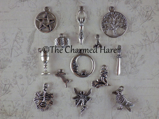 13 x Pagan Wiccan Charms Pendants, Witchy Bracelet Charms, Jewelry Making, Craft Supplies UK, Celtic Gothic Occult, Casting Tarot Witchcraft