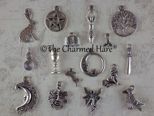16 x Mixed Pagan Charms, Wiccan Silver Charms Set, Pendants, Pentagram Moon Goddess Hare Raven, Jewelry Making Supplies, UK Seller