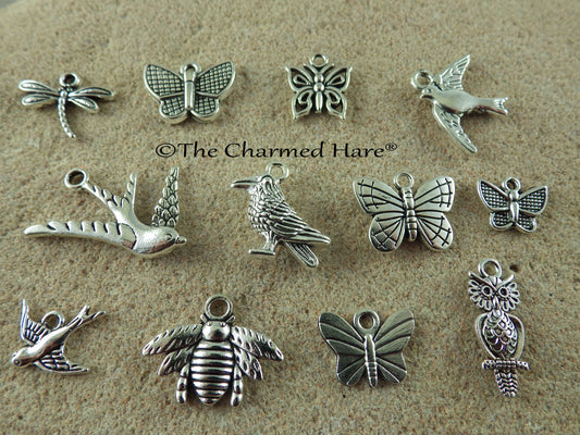 12 x Bird, Butterfly & Insect Charms Pendants, Silver Swallow Owl Crow Raven Bee Dragonfly Nature Charms, Jewellery Making Supplies UK