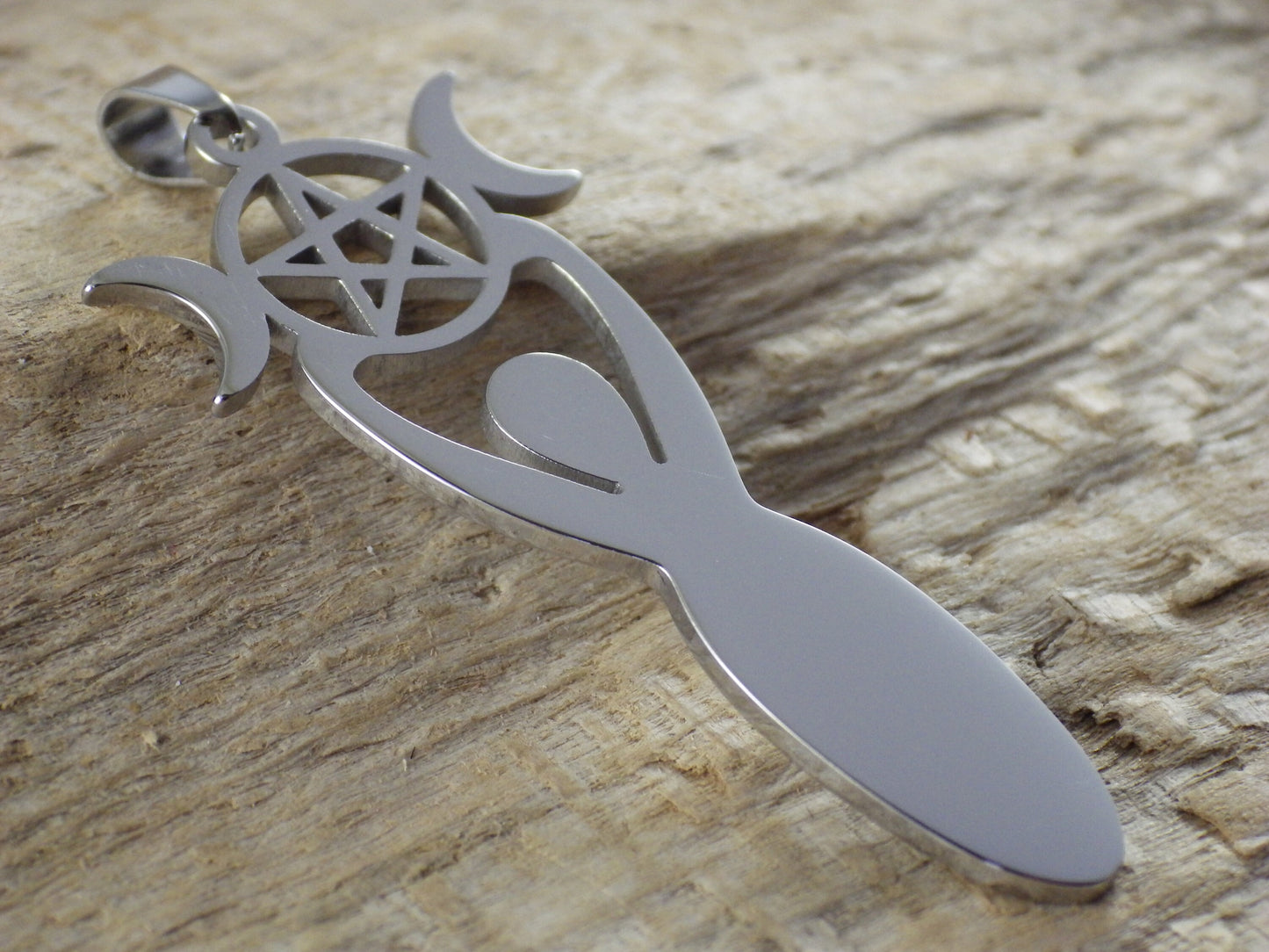 Pagan Triple Moon Goddess Pendant, 45x20mm, Silver Wiccan Goddess & Pentagram Charm, Jewellery Making Supplies, UK Seller