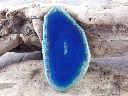 Blue Flat Geode Slice Pendant, 82x43mm Semi Precious Gemstone, Polished Shiny Top Drilled Loose Stone, Jewellery Making Supplies UK S1