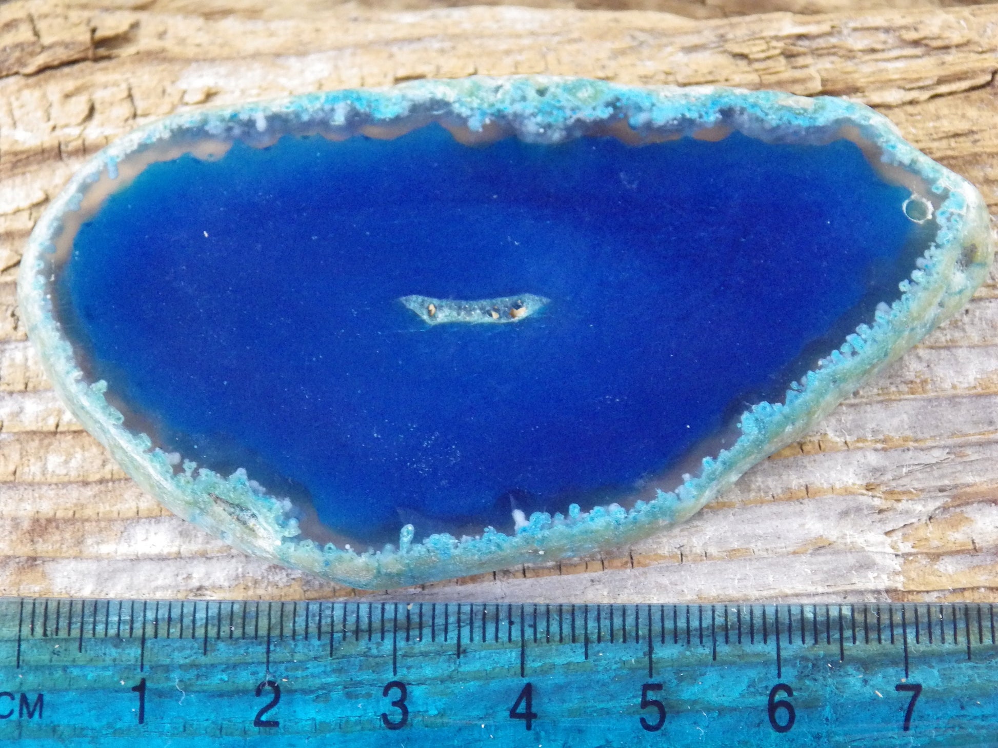 Blue Flat Geode Slice Pendant, 82x43mm Semi Precious Gemstone, Polished Shiny Top Drilled Loose Stone, Jewellery Making Supplies UK S1