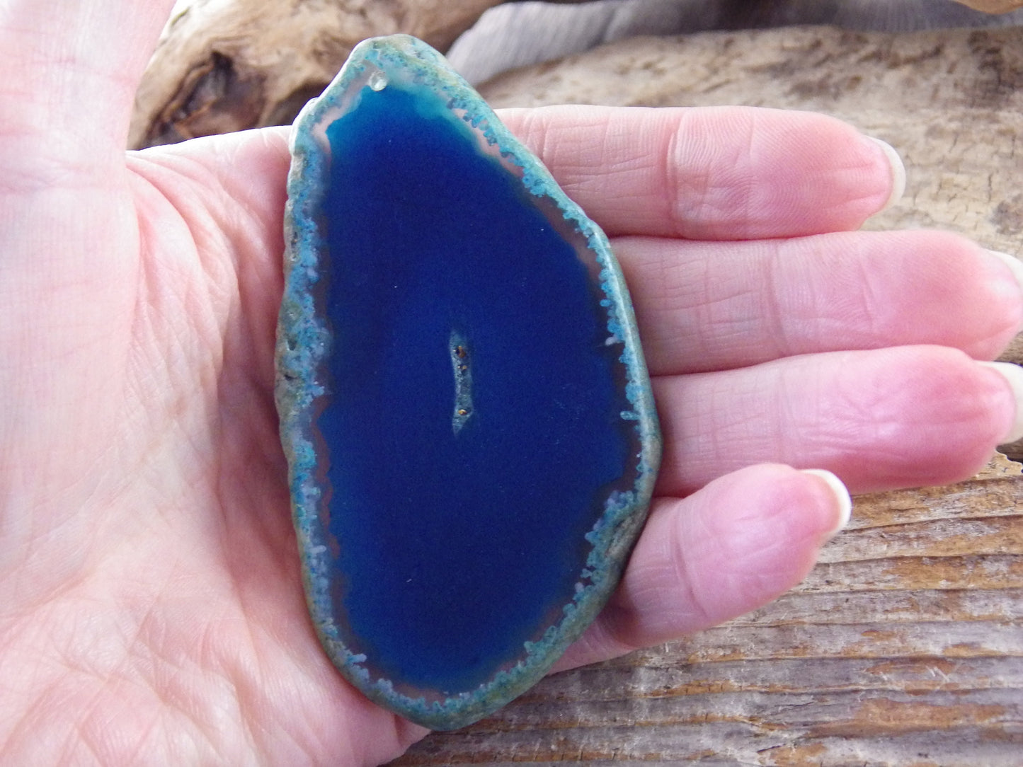 Blue Flat Geode Slice Pendant, 82x43mm Semi Precious Gemstone, Polished Shiny Top Drilled Loose Stone, Jewellery Making Supplies UK S1