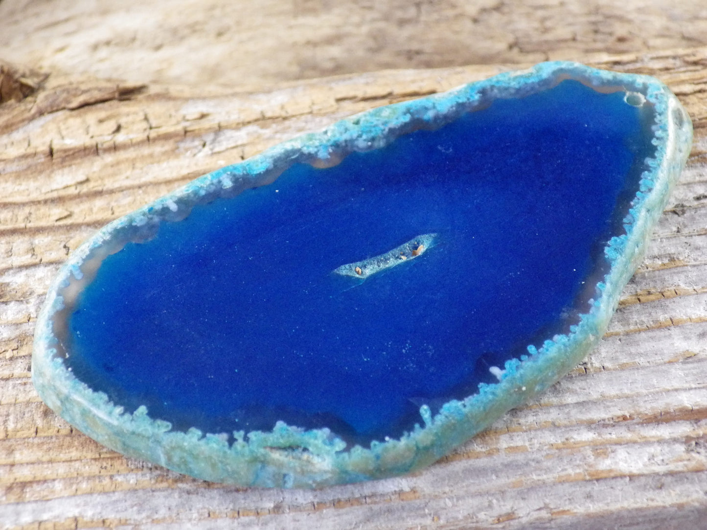 Blue Flat Geode Slice Pendant, 82x43mm Semi Precious Gemstone, Polished Shiny Top Drilled Loose Stone, Jewellery Making Supplies UK S1