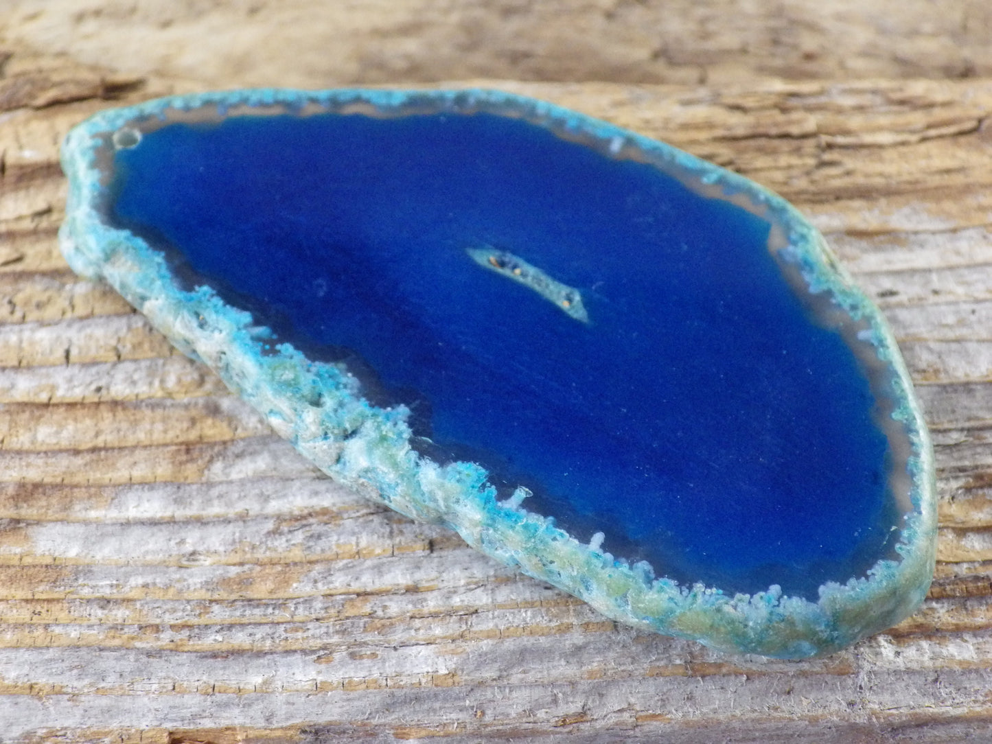 Blue Flat Geode Slice Pendant, 82x43mm Semi Precious Gemstone, Polished Shiny Top Drilled Loose Stone, Jewellery Making Supplies UK S1