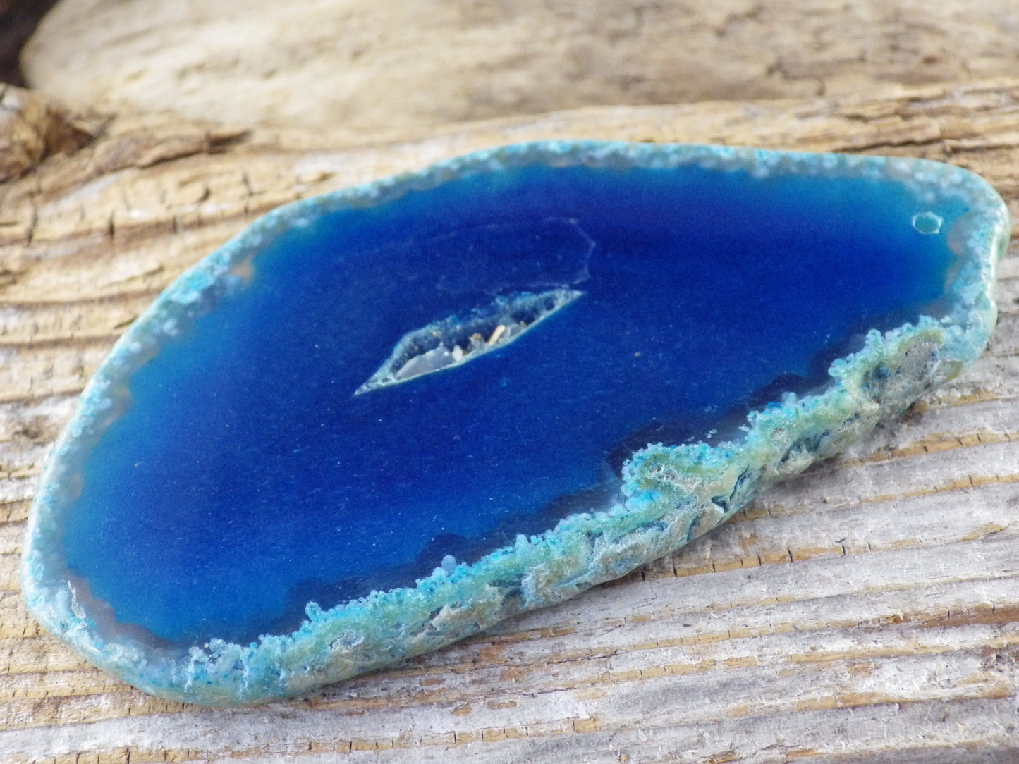 Blue Flat Geode Slice Pendant, 82x43mm Semi Precious Gemstone, Polished Shiny Top Drilled Loose Stone, Jewellery Making Supplies UK S1