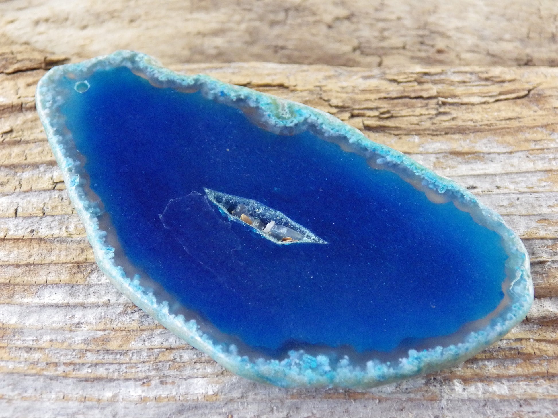 Blue Flat Geode Slice Pendant, 82x43mm Semi Precious Gemstone, Polished Shiny Top Drilled Loose Stone, Jewellery Making Supplies UK S1