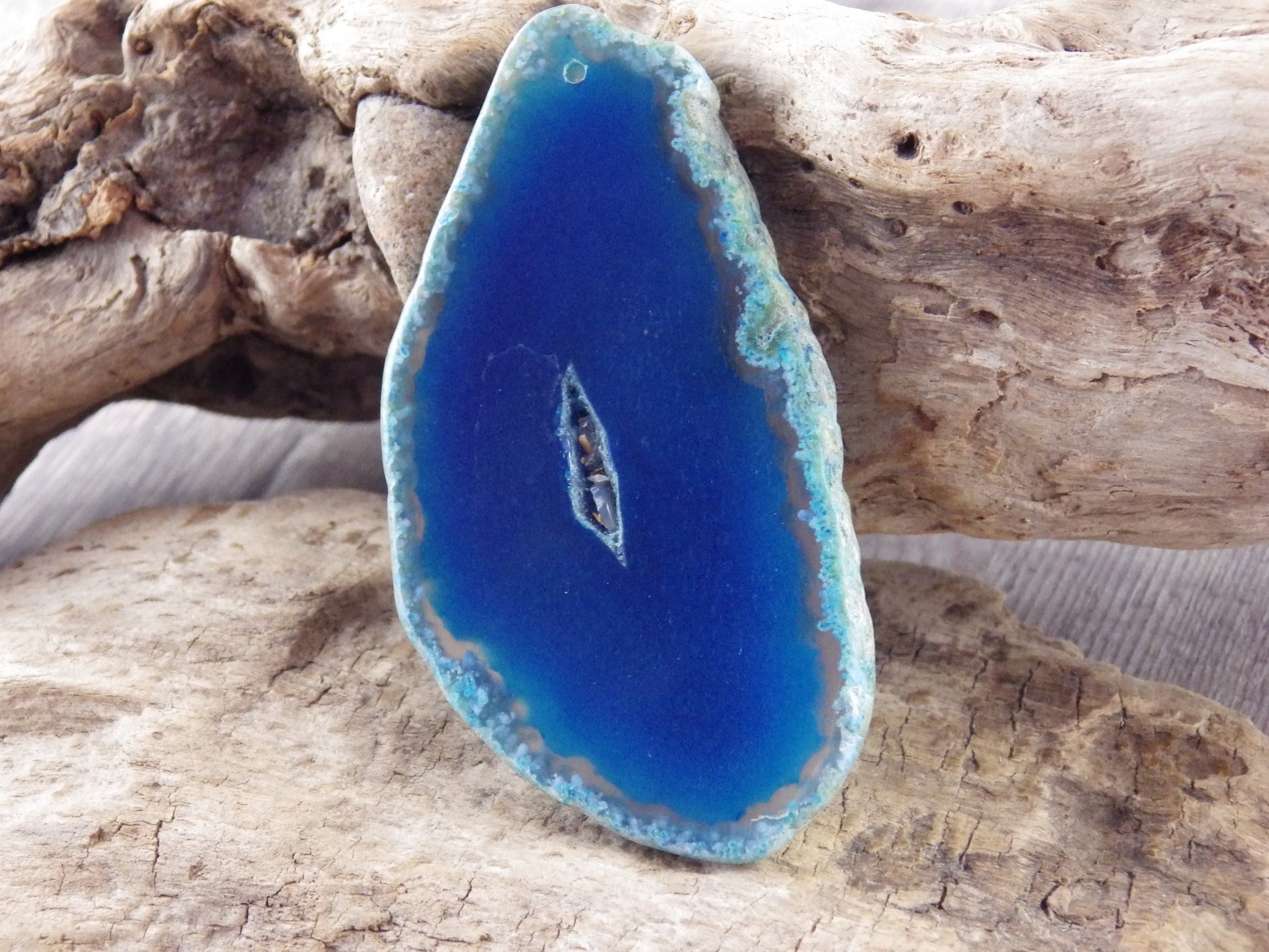 Blue Flat Geode Slice Pendant, 82x43mm Semi Precious Gemstone, Polished Shiny Top Drilled Loose Stone, Jewellery Making Supplies UK S1