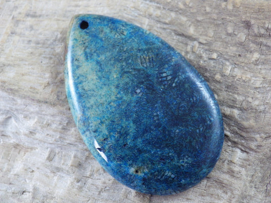 Blue Fossil Coral Jasper Teardrop Pendant, Semi Precious Gemstone 48x31mm H7