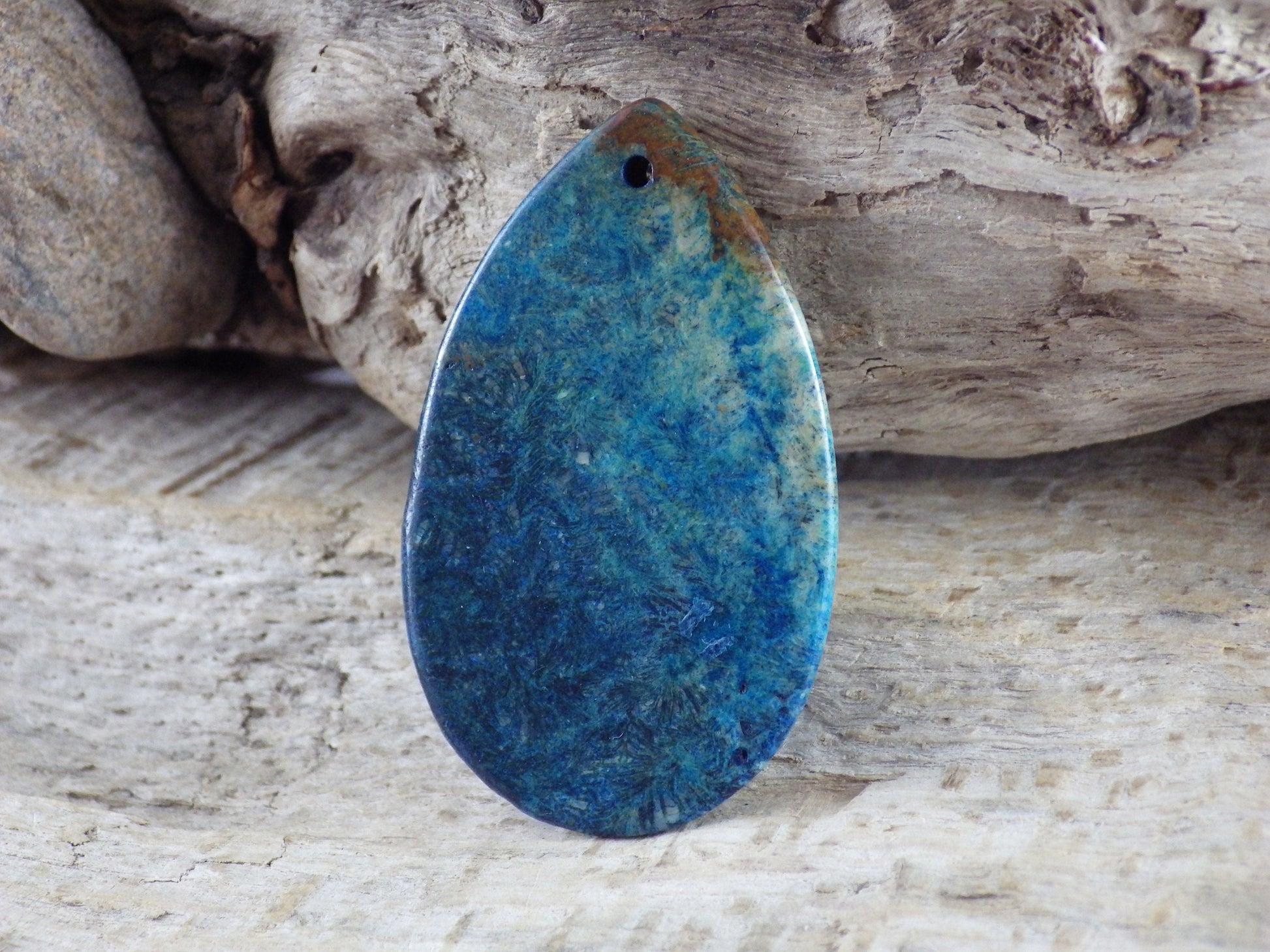 Blue Fossil Coral Jasper Teardrop Pendant, Semi Precious Gemstone 48x31mm H7