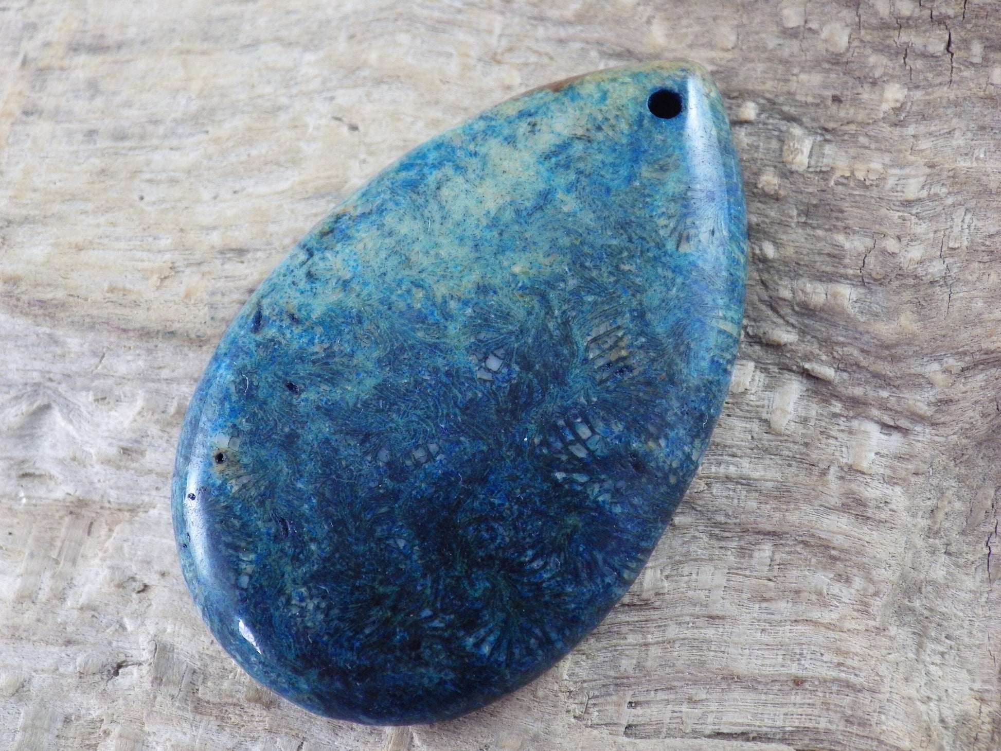 Blue Fossil Coral Jasper Teardrop Pendant, Semi Precious Gemstone 48x31mm H7