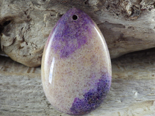 Purple Fossil Coral Teardrop Pendant 48x31mm, Semi Precious Gemstone, Statement Pendant, Flat Back Loose Stone, Jewellery Making Supplies J3