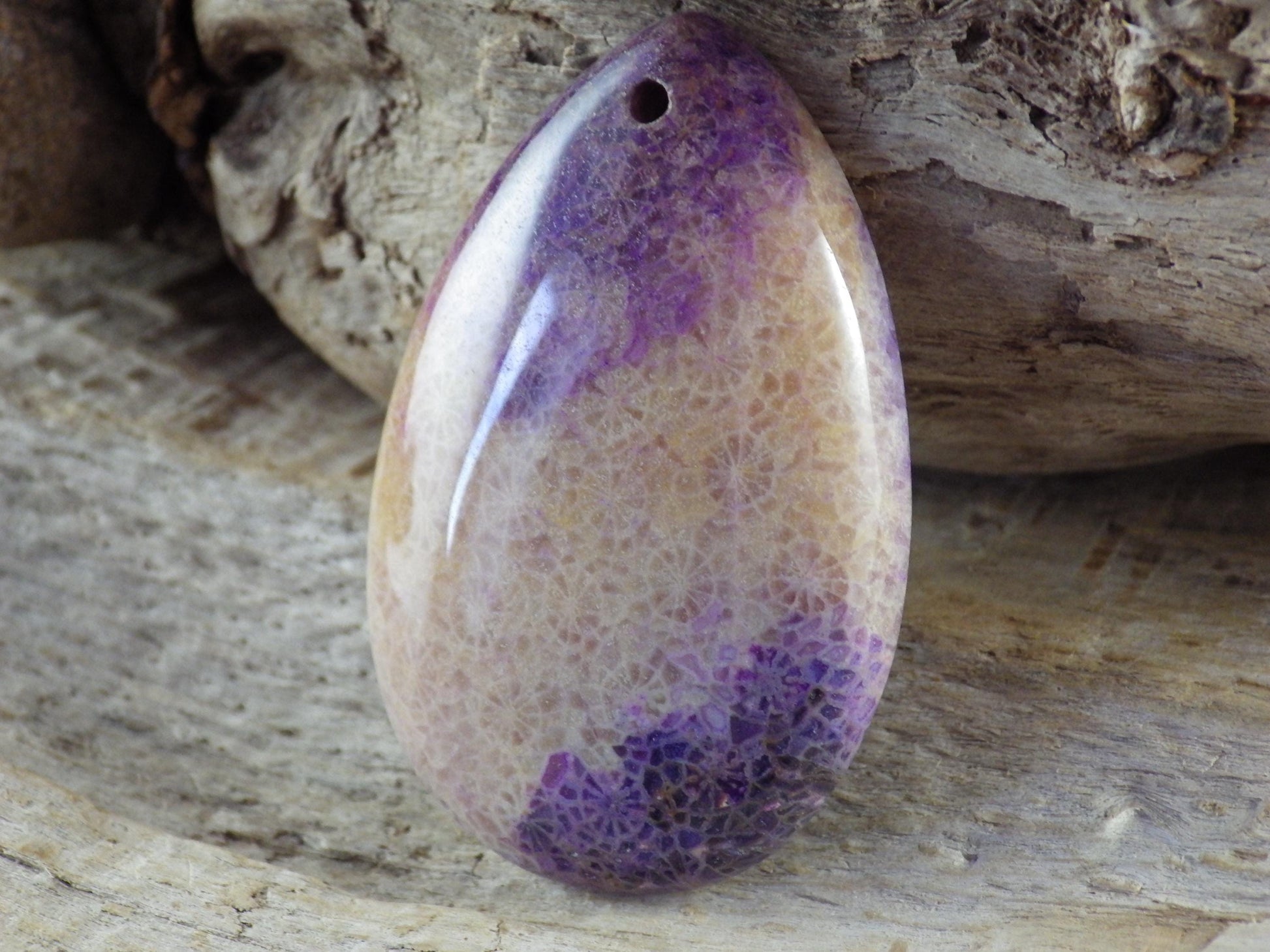 Purple Fossil Coral Teardrop Pendant 48x31mm, Semi Precious Gemstone, Statement Pendant, Flat Back Loose Stone, Jewellery Making Supplies J3